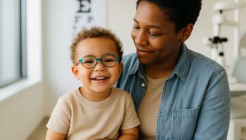 Young child with crossed eyes wearing glasses during pediatric eye exam, representing early treatment success for strabismus