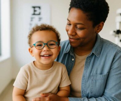 Young child with crossed eyes wearing glasses during pediatric eye exam, representing early treatment success for strabismus