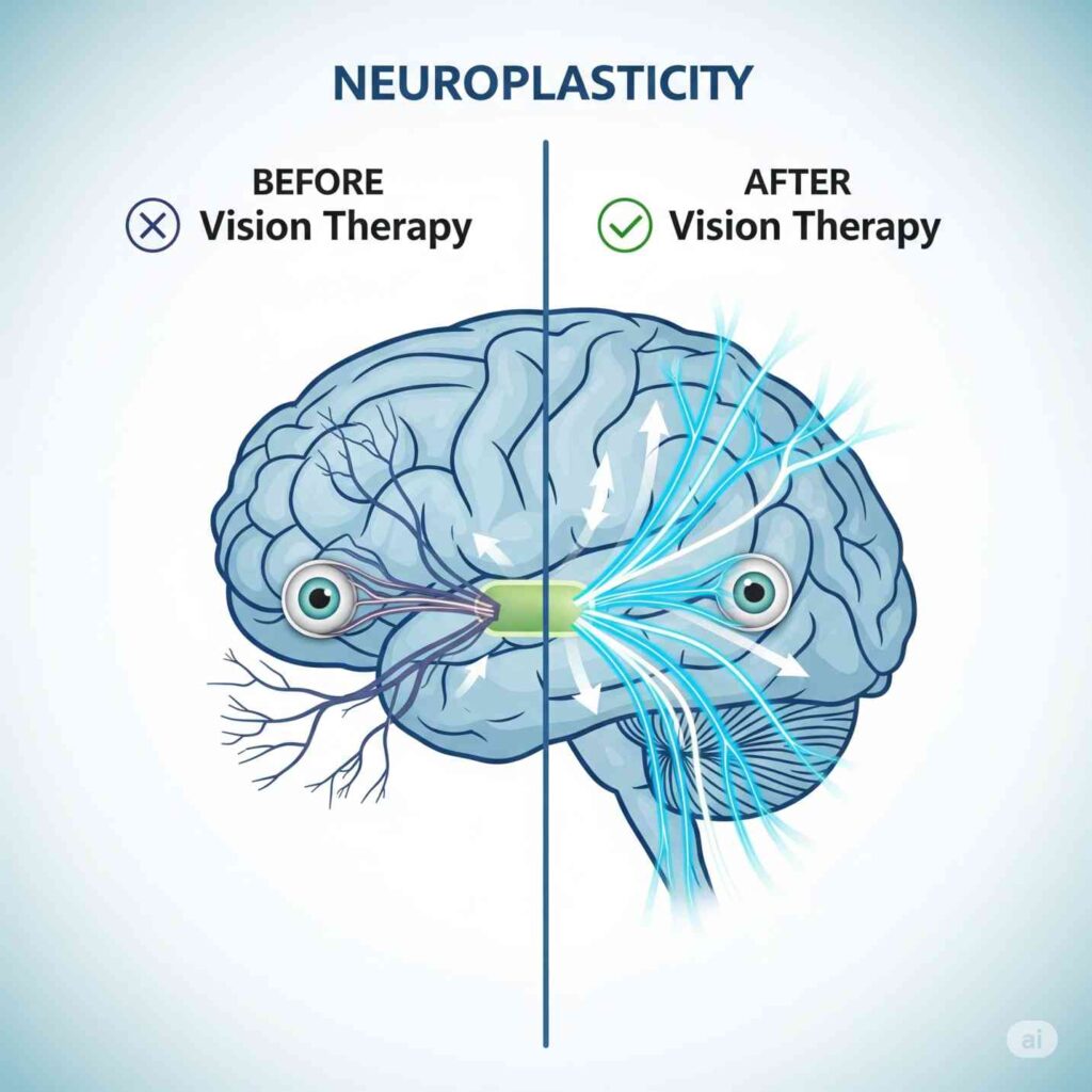 Brain neuroplasticity diagram showing improved neural connections before and after adults vision therapy treatment