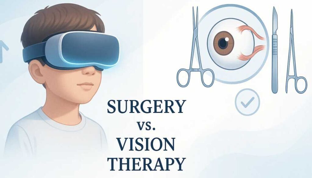 Comparison of lazy eye treatment options showing modern VR vision therapy technology versus traditional strabismus surgery with medical illustrations and success indicators