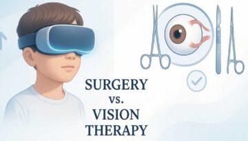 Comparison of lazy eye treatment options showing modern VR vision therapy technology versus traditional strabismus surgery with medical illustrations and success indicators
