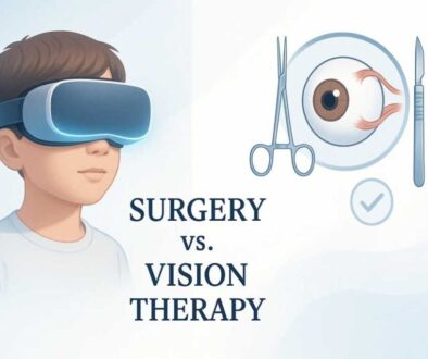 Comparison of lazy eye treatment options showing modern VR vision therapy technology versus traditional strabismus surgery with medical illustrations and success indicators
