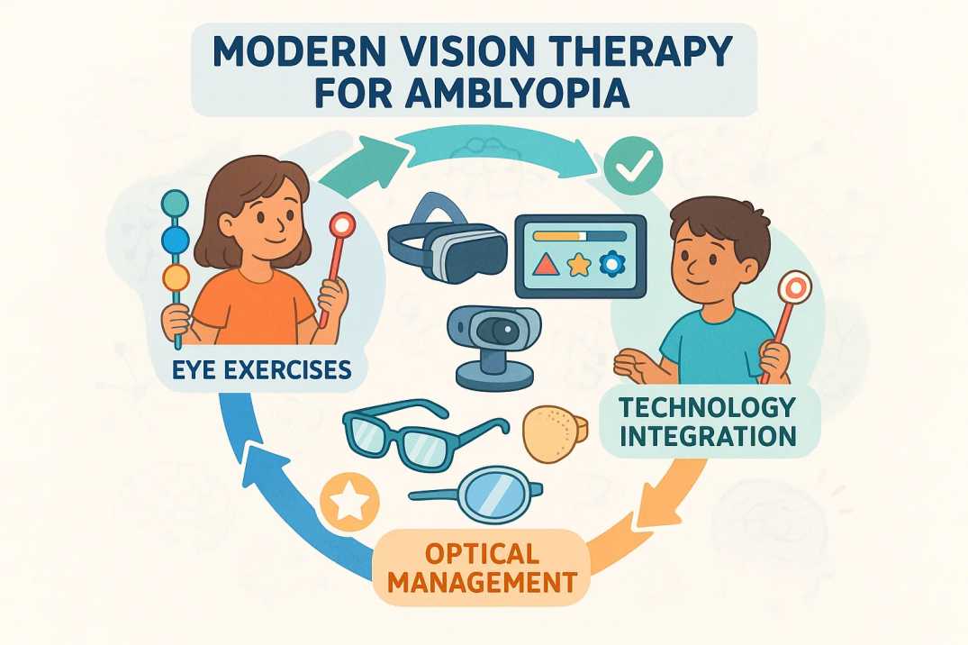 Vision therapy components diagram showing eye exercises, technology integration, and optical management approaches for treating amblyopia in children and adults