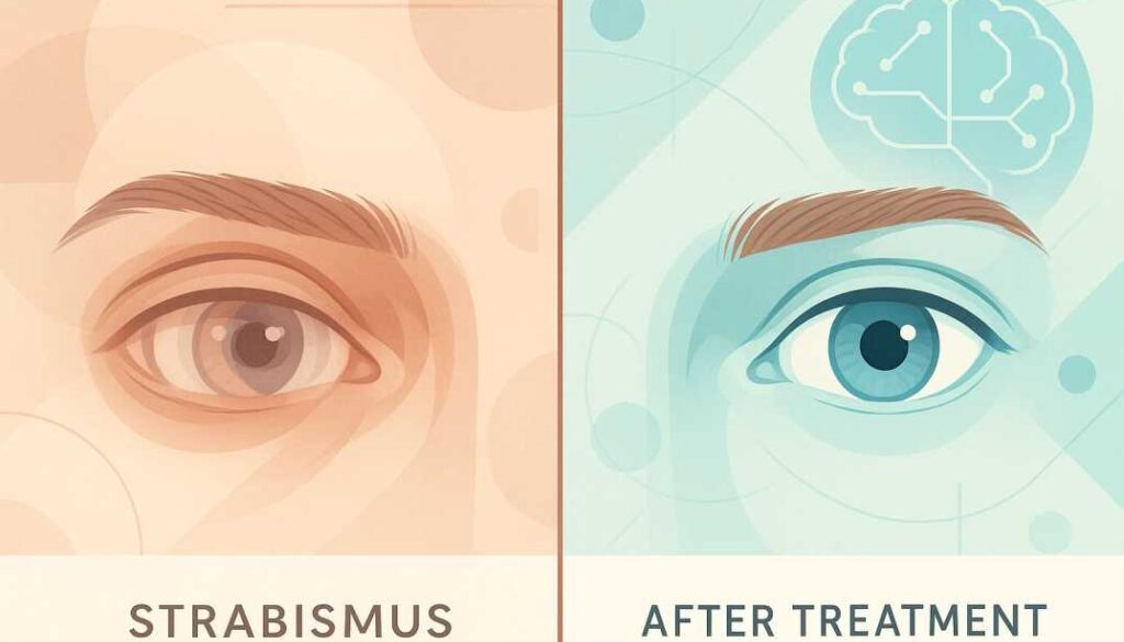 Split comparison showing misaligned eyes with double vision on left versus aligned eyes with clear single vision on right, illustrating strabismus treatment success through vision therapy