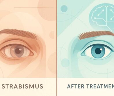 Split comparison showing misaligned eyes with double vision on left versus aligned eyes with clear single vision on right, illustrating strabismus treatment success through vision therapy