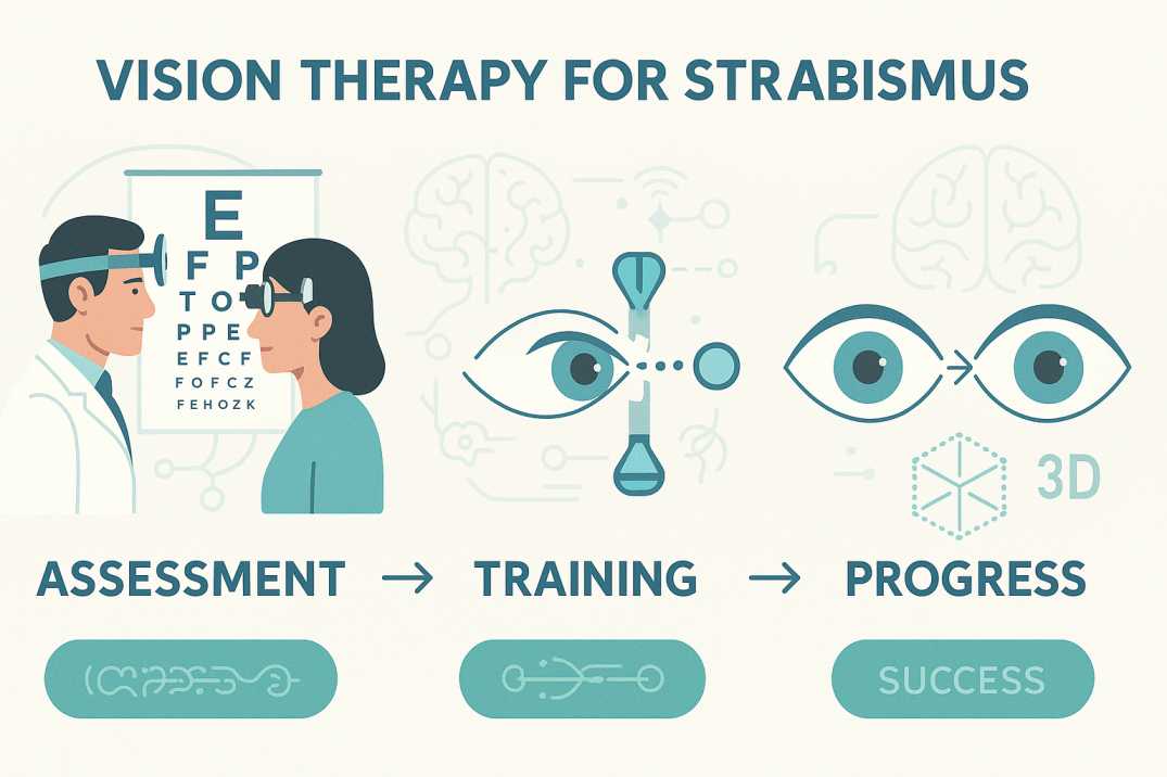 Four-stage vision therapy treatment process infographic showing assessment, training exercises, progress monitoring, and successful eye alignment for strabismus patients
