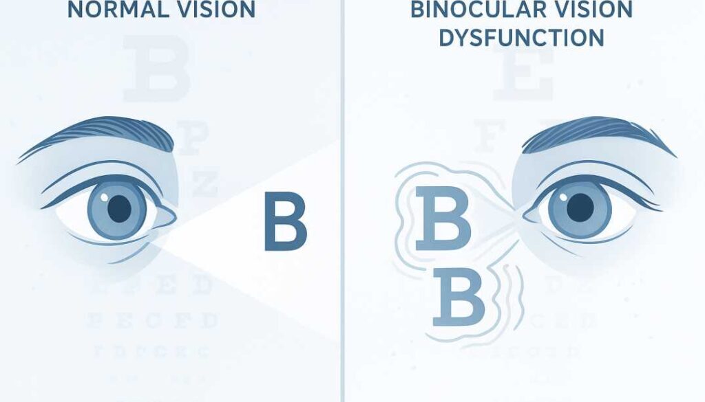 Binocular vision dysfunction comparison showing normal aligned vision versus BVD misaligned vision with symptoms illustration