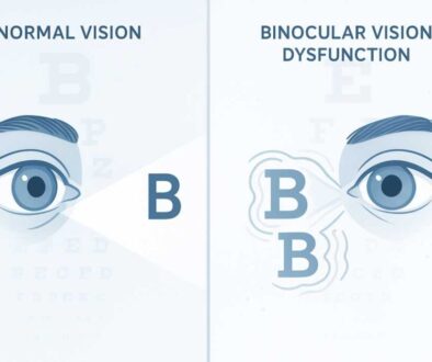 Binocular vision dysfunction comparison showing normal aligned vision versus BVD misaligned vision with symptoms illustration