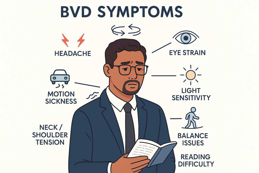 Common BVD symptoms infographic showing headaches, dizziness, eye strain, and reading difficulties associated with binocular vision dysfunction