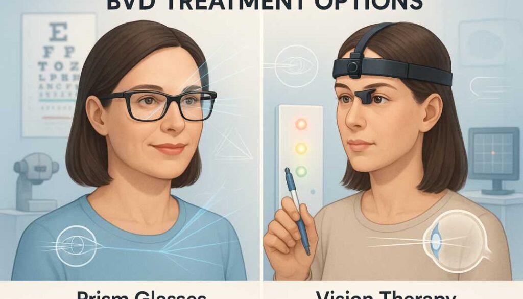 BVD Treatment Options: Vision Therapy vs. Prism Glasses Comparison Guide BVD treatment comparison showing vision therapy exercises and prism glasses for binocular vision dysfunction relief.
