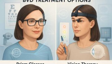 BVD treatment comparison showing vision therapy exercises and prism glasses for binocular vision dysfunction relief.