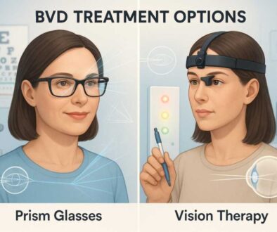 BVD treatment comparison showing vision therapy exercises and prism glasses for binocular vision dysfunction relief.