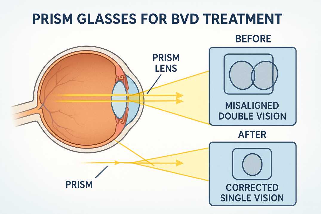 How prism glasses work diagram showing light refraction correction for BVD double vision treatment