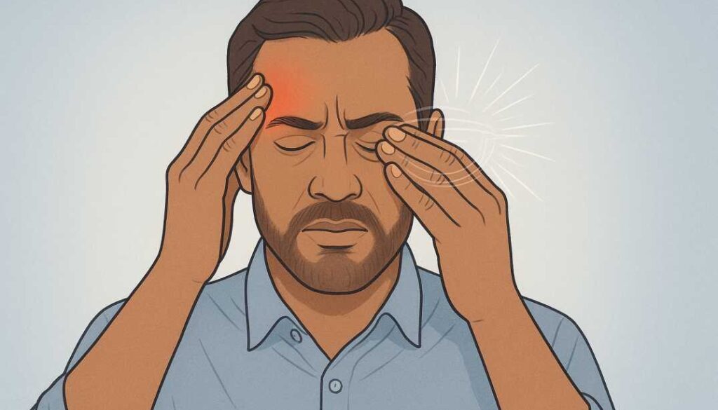 Person experiencing headache and eye strain symptoms from binocular vision dysfunction, touching temple and rubbing eye with concerned expression