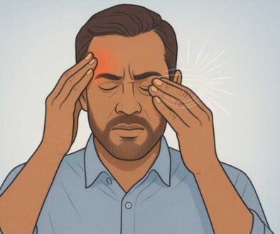 Person experiencing headache and eye strain symptoms from binocular vision dysfunction, touching temple and rubbing eye with concerned expression