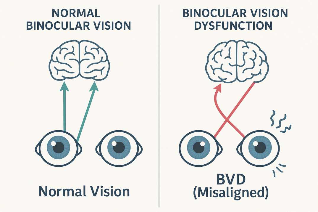 Medical diagram comparing normal binocular vision with BVD showing misaligned eyes and disrupted visual pathways to the brain