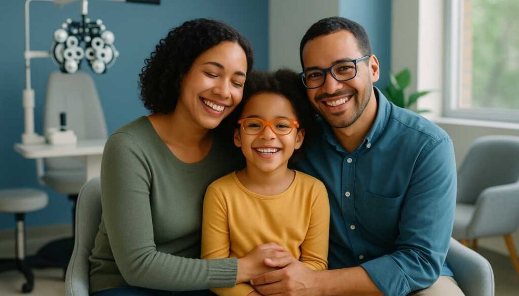 Happy family smiling in modern vision therapy clinic after successful BVD treatment, representing daily life transformation