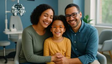 Happy family smiling in modern vision therapy clinic after successful BVD treatment, representing daily life transformation