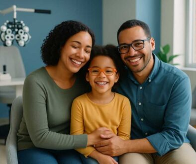 Happy family smiling in modern vision therapy clinic after successful BVD treatment, representing daily life transformation