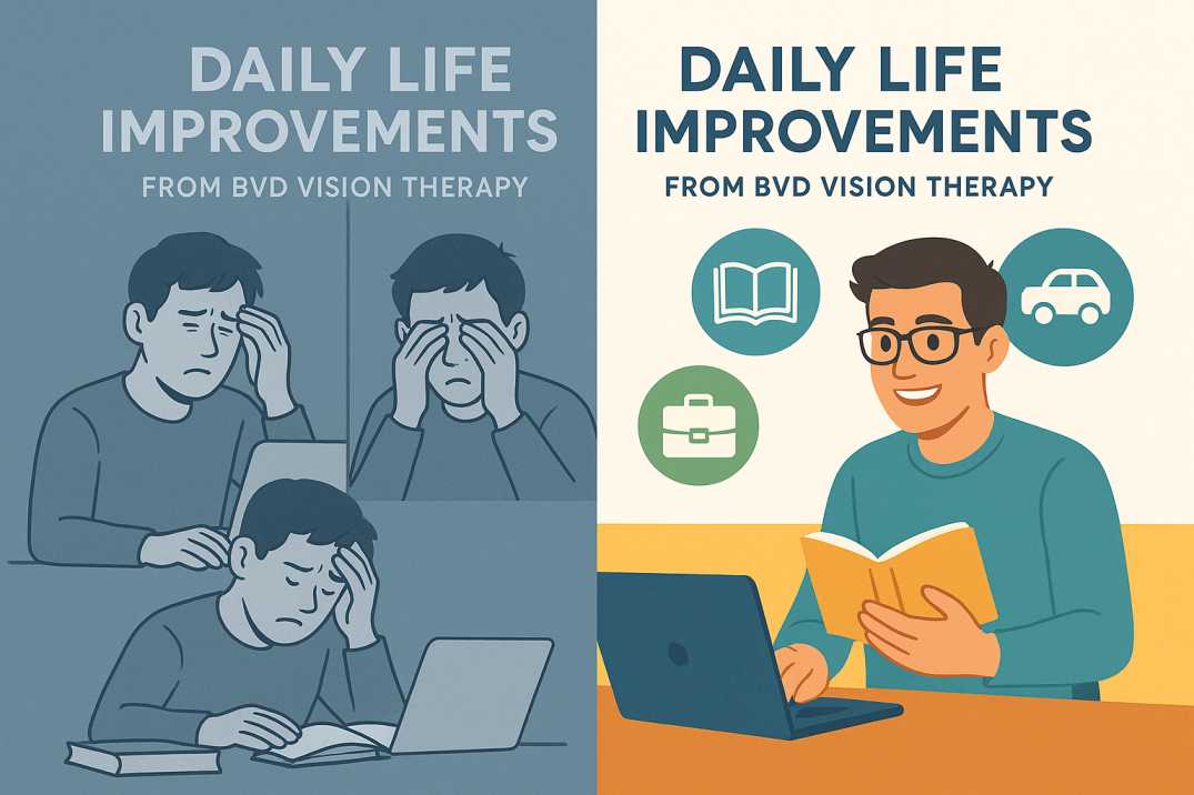 Before and after comparison showing daily life improvements from BVD vision therapy treatment