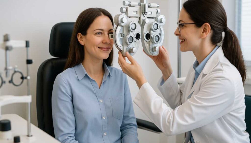 Patient undergoing comprehensive BVD diagnosis testing with specialized neurovisual examination equipment at vision therapy center