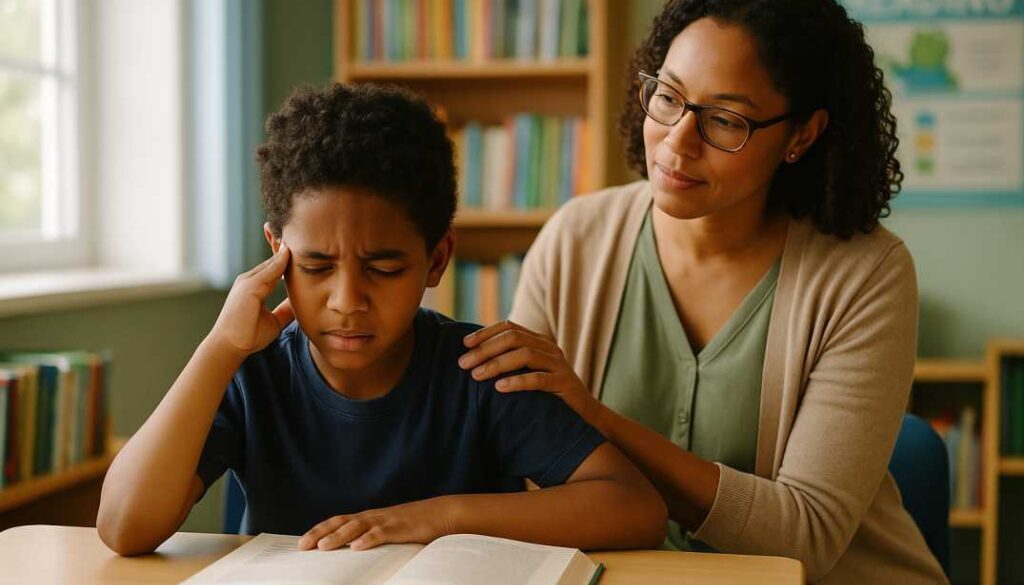 Dyslexia and Vision Connection: Child Reading with Support Child with dyslexia receiving reading support showing connection between vision problems and learning difficulties