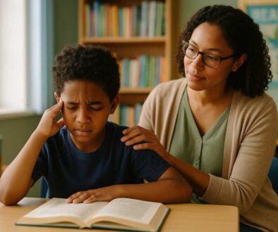Child with dyslexia receiving reading support showing connection between vision problems and learning difficulties
