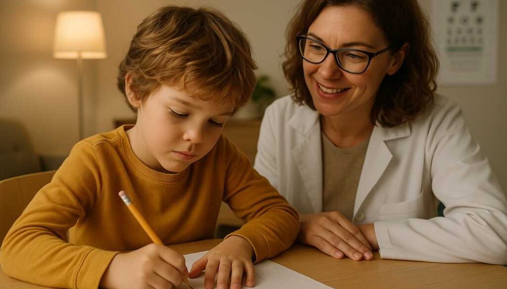 Vision Therapy Session for Letter Reversals in Children Child writing letters backward under guidance of a vision therapist during a visual skills session.