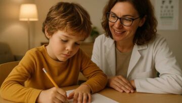 Child writing letters backward under guidance of a vision therapist during a visual skills session.