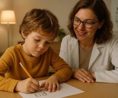 Child writing letters backward under guidance of a vision therapist during a visual skills session.