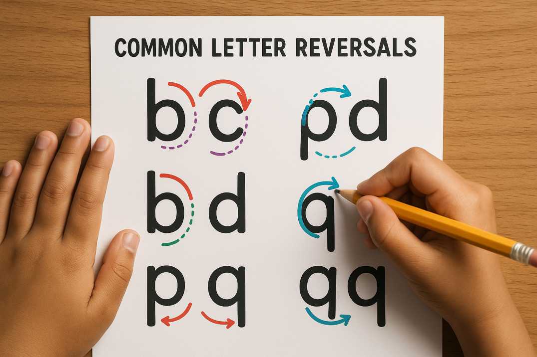 Educational worksheet showing corrected and reversed letters with directional arrows to teach proper orientation.