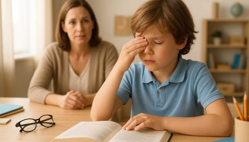 Reading Difficulties Caused by Vision Problems - Warning Signs in Children Child struggling with reading difficulties showing signs of vision problems including eye strain and headaches during homework