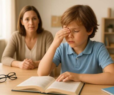 Child struggling with reading difficulties showing signs of vision problems including eye strain and headaches during homework