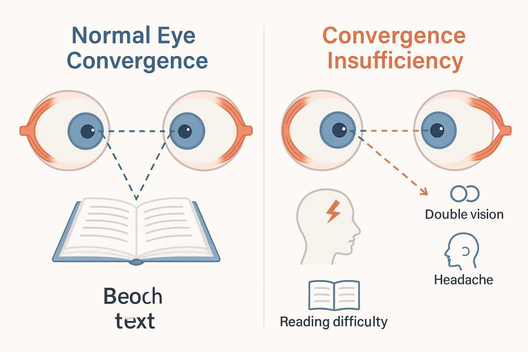 Medical diagram comparing normal eye convergence versus convergence insufficiency showing eye misalignment during reading tasks