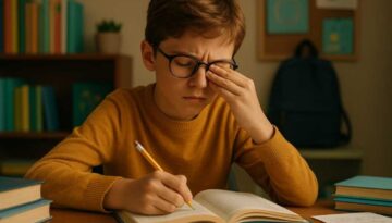 Gifted student experiencing vision-related learning difficulties while studying, showing signs of eye strain and frustration with schoolwork