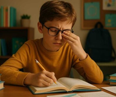 Gifted student experiencing vision-related learning difficulties while studying, showing signs of eye strain and frustration with schoolwork