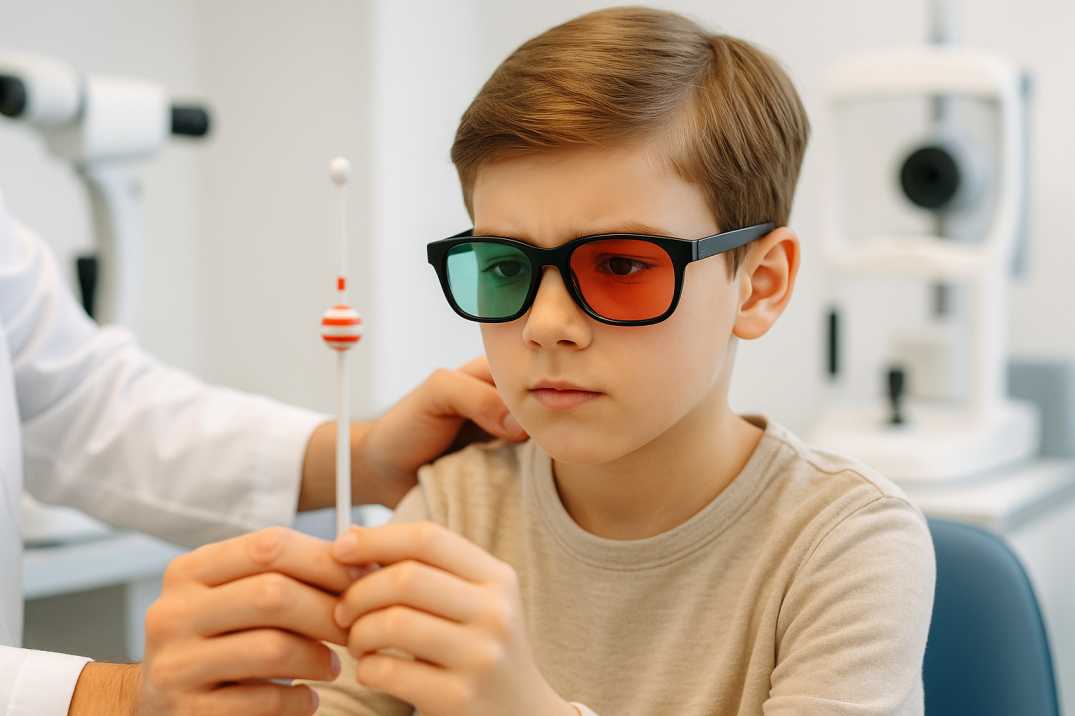 Child receiving professional vision therapy treatment from a developmental optometrist to improve convergence and eye teaming skills