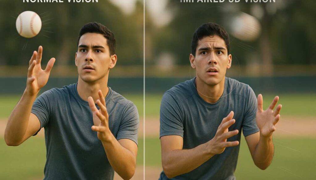3D Vision Problems in Athletes - How Depth Perception Issues Affect Catching and Ball Sports Performance Athlete attempting to catch baseball with split-screen comparison showing normal depth perception versus impaired 3D vision, illustrating how binocular vision dysfunction affects sports performance