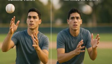 Athlete attempting to catch baseball with split-screen comparison showing normal depth perception versus impaired 3D vision, illustrating how binocular vision dysfunction affects sports performance