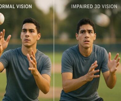 3D Vision Problems in Athletes - How Depth Perception Issues Affect Catching and Ball Sports Performance Athlete attempting to catch baseball with split-screen comparison showing normal depth perception versus impaired 3D vision, illustrating how binocular vision dysfunction affects sports performance