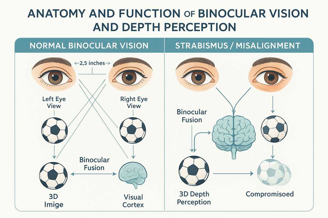 Medical diagram illustrating how binocular vision creates depth perception, showing comparison between normal eye alignment and strabismus affecting 3D vision in athletes