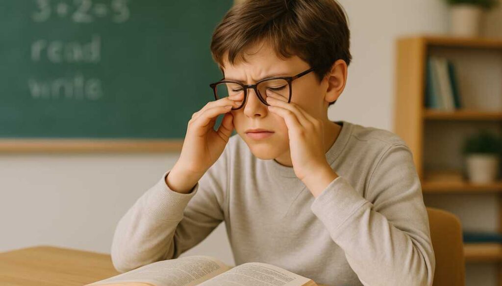 Convergence Insufficiency: The Hidden Vision Problem Affecting Student Performance and Reading Child struggling with reading due to convergence insufficiency - young student rubbing eyes while looking at book, demonstrating hidden vision problem affecting academic performance