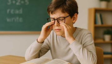 Child struggling with reading due to convergence insufficiency - young student rubbing eyes while looking at book, demonstrating hidden vision problem affecting academic performance