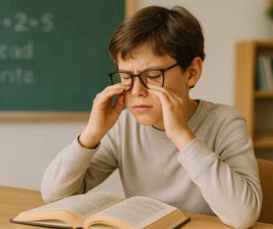 Convergence Insufficiency: The Hidden Vision Problem Affecting Student Performance and Reading Child struggling with reading due to convergence insufficiency - young student rubbing eyes while looking at book, demonstrating hidden vision problem affecting academic performance