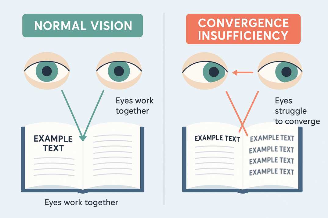 Convergence insufficiency diagram showing normal eye convergence versus eyes struggling to work together when reading, illustrating vision therapy treatment need