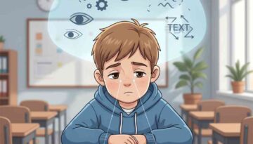 Child struggling to read due to binocular vision dysfunction, illustrating how eye misalignment can mimic ADHD symptoms and affect attention.