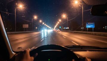 Driver's view through windshield at night showing intense headlight glare, blurred street lights, and poor visibility of road signs, illustrating common night driving vision difficulties
