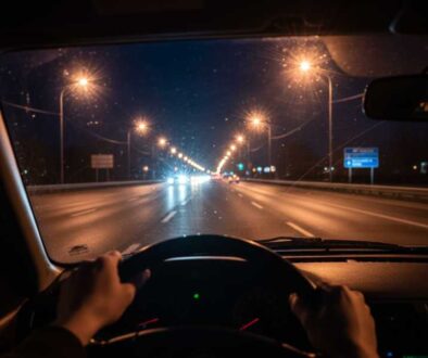 Night Driving Challenges: Headlight Glare and Reduced Visibility Driver's view through windshield at night showing intense headlight glare, blurred street lights, and poor visibility of road signs, illustrating common night driving vision difficulties