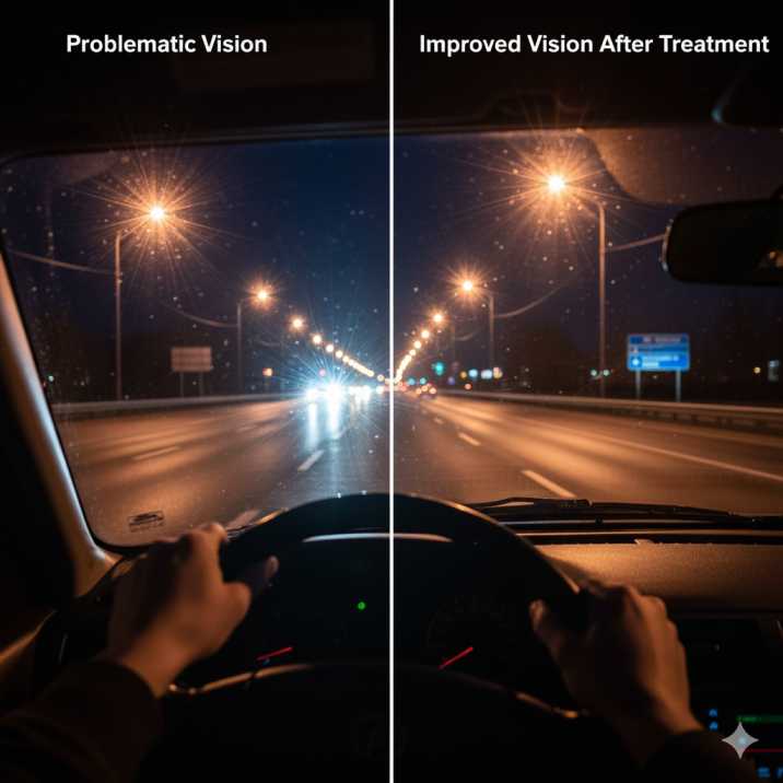 Split-screen comparison showing night driving vision before and after treatment - left side displays severe glare and halos around lights, right side shows clear, crisp vision with well-defined road markings