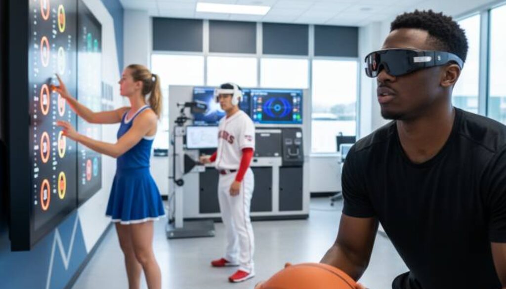 Vision Therapy for Athletes - Advanced Eye Training Technology Athletes training with vision therapy equipment including strobe glasses and digital reaction boards at Cook Vision Therapy Center in Atlanta